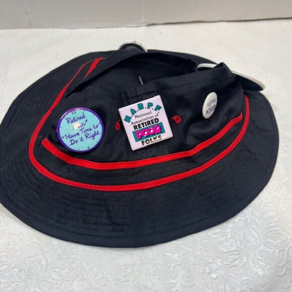 VTG Black "Retired but Rehired" Black Retirement Cotton Pail Hat 7 Pins XL - Picture 8 of 10